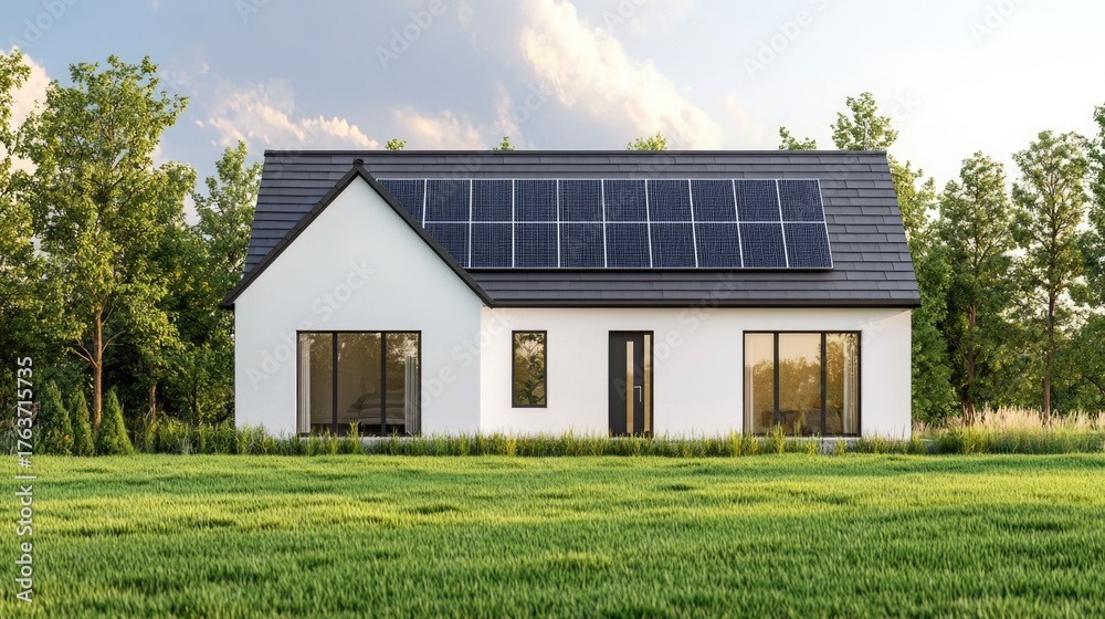Obraz premium Modern energy efficient home with rooftop solar panels in a serene green rural landscape