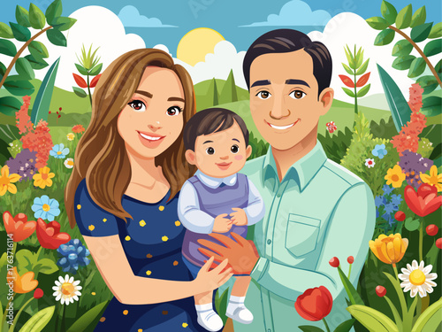 Realistic vector illustration of young parents holding baby in garden, flowers, sunlight, green leaves, natural and detailed outdoor family scene