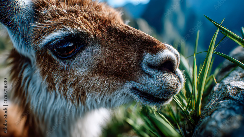 Fototapeta premium Close-up of an alpaca eating grass in a scenic mountain landscape, symbolizing nature, wildlife, and Andean tranquility