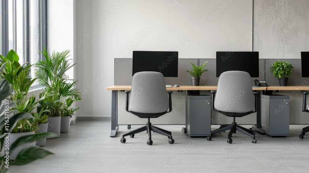 Fototapeta premium Eco Friendly and Sustainable Modern Office Space with Green Technology and Lush Foliage A bright airy and minimalist workspace promoting productivity and wellness through the of nature