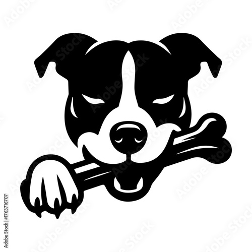 Dog with bone black and white illustration happy puppy.