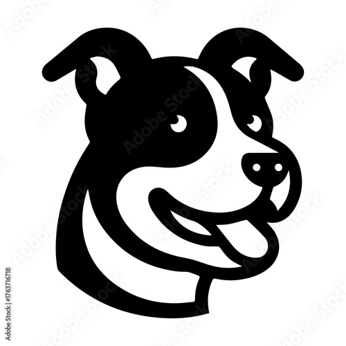 Smiling Pitbull Dog Head Portrait Black and White Illustration.