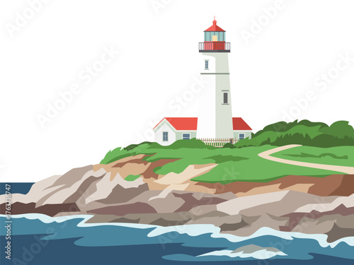 seaside lighthouse panorama, rugged cape with grass, white tower, red roof house, ocean horizon, tranquil coastal vector illustration