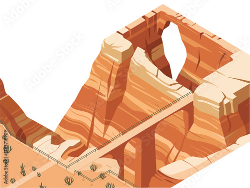 Canyon bridge between mesas, natural arches and buttes, desert highway, dramatic geology, isometric landscape, tourism, adventure vector