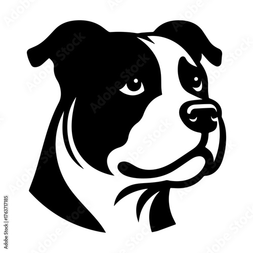 Black and White Pitbull Head Portrait Dog Breed Illustration.