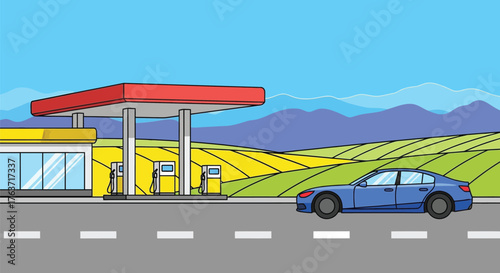 Illustration of blue car at gas station near mountains and fields