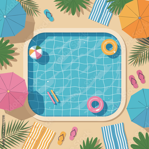 Aerial View Resort Pool Scene - Modern Flat Lay Summer Vacation Background