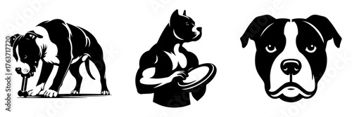 Dog Illustrations: Playful Poses and Muscular Pitbulls in Striking Black and White.