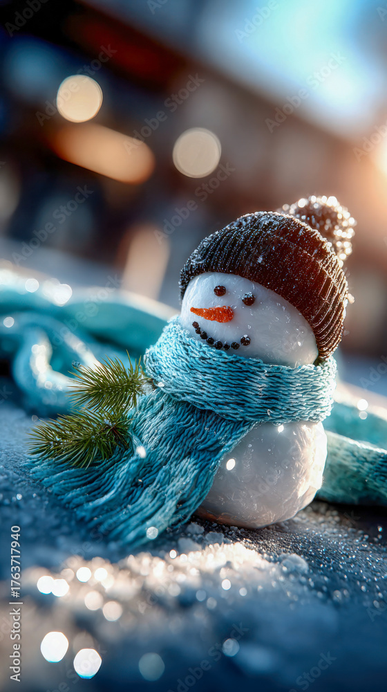 Obraz premium Cute snowman in a striped scarf and hat glowing under bright winter sunlight