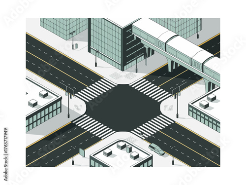 Metropolitan intersection, pedestrian crosswalks, glass buildings, elevated walkway system, traffic management concept, isometric city infrastructure, urban mobility design
