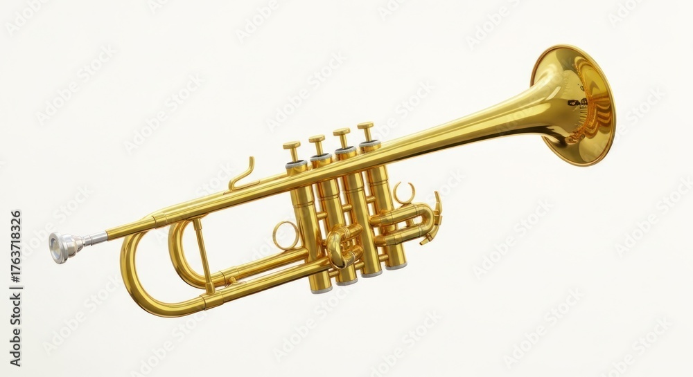 Fototapeta premium Gleaming gold trumpet with silver mouthpiece on clean, white background