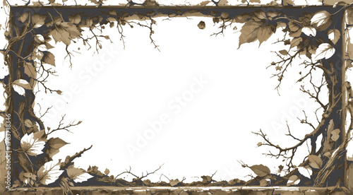  Weathered frame encircles a pale, empty center, with dry leaves and twisting vines creating a rustic, nostalgic mood. Ideal for autumn scenes, decor ideas