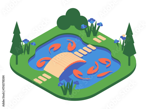 Small park pond, arched wooden bridge, swirling koi fish, trimmed hedges, conifer trees, nature retreat, isometric vector illustration