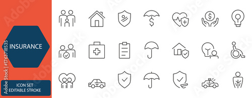 Insurance outline icon set. Contains symbols for family, health, home, car, and financial protection. Line vector design for modern concepts and digital interfaces.