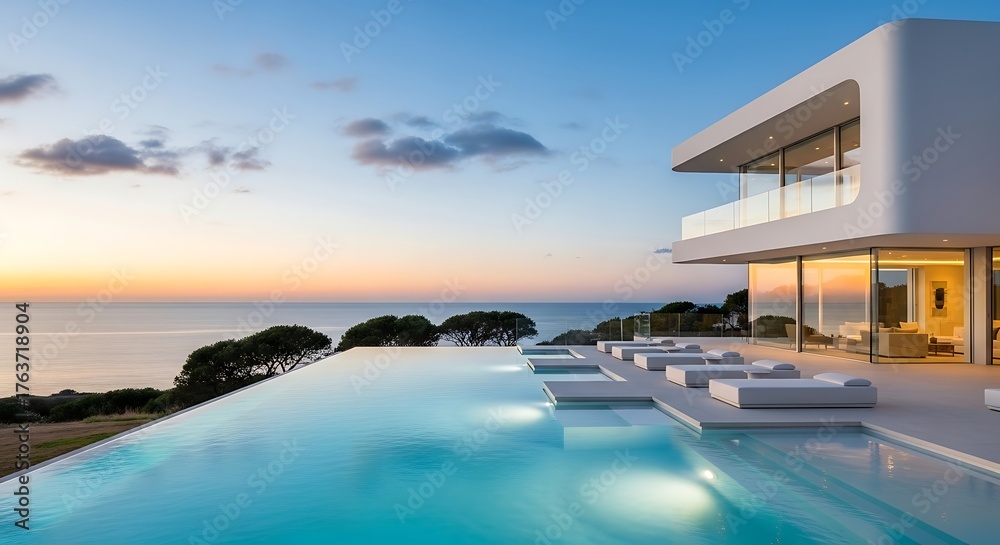 Fototapeta premium Luxurious Modern Villa with Infinity Pool Overlooking Ocean at Sunset.