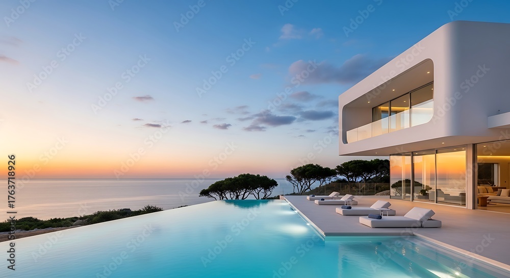 Fototapeta premium Luxurious Modern Villa with Infinity Pool Overlooking Ocean Sunset.