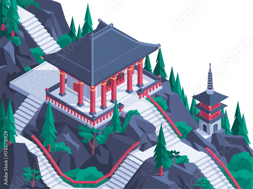 Mountain pavilion panorama, isometric spiritual complex, grand staircase, dramatic cliffs, evergreen landscape, peaceful retreat, clean vector artwork