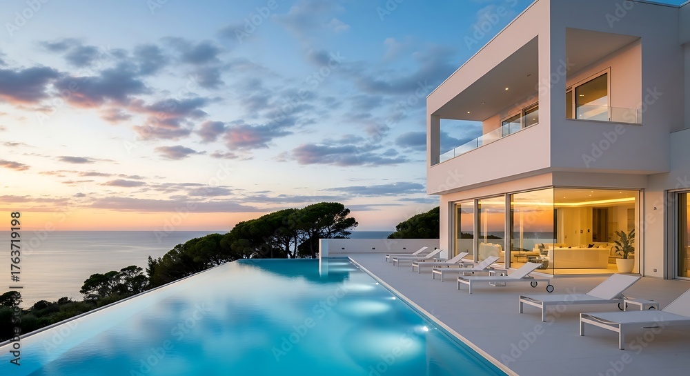 Fototapeta premium Modern Villa with Infinity Pool Overlooking the Ocean at Sunset.