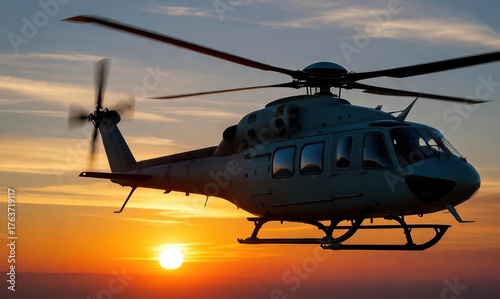 Dramatic Military Helicopter in Flight Illuminated by Vibrant Orange and Blue Sunset Colors
