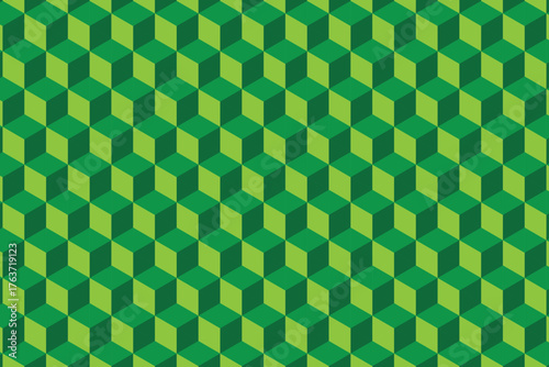 Abstract Isometric Pattern Featuring Green Cubes Creating Optical Illusion Repeating Design