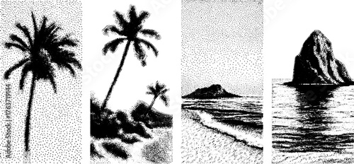 Black and white vector illustration of palm trees, an island, the ocean, and a rocky coast. The artwork features dotted details in a simplistic set.