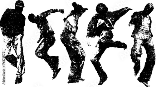 Dancing figures in vintage photocopy style. Black and white line drawing illustration set depicting movement and dynamic poses.