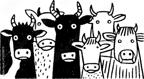 Cartoon cows in a simple sketch style. A set of black and white cattle in a humorous vector illustration.