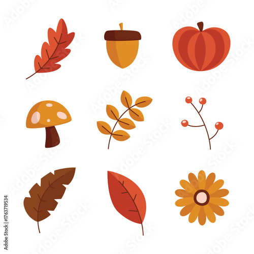Hand drawn autumn themed element set in warm seasonal color isolated on white suitable for digital decor and stickers.