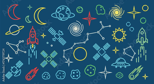 Space exploration icons vector illustration astronomy and cosmos art