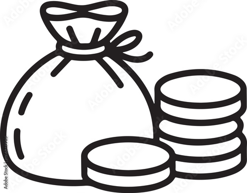 Black outline money bag and stacked coins icon finance vector illustration EPS file download.

