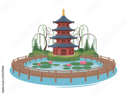 Five tier pagoda island, circular wooden fence, surrounding water, willow and pines, tranquil sanctuary, cultural illustration vector