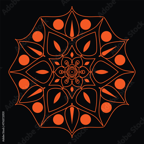 Vibrant orange mandala design on a black background