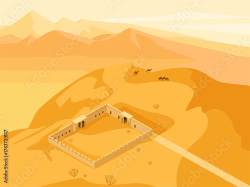 Desert oasis fort isometric, walled settlement beside dunes, caravan trail horizon, sandy valley landscape, historical travel illustration vector