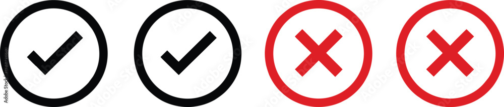 Obraz premium Approval and rejection icons, check mark and X symbol, circular UI elements, correct incorrect indicators, decision graphic, vector interface set