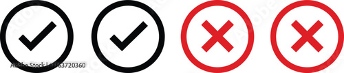 Approval and rejection icons, check mark and X symbol, circular UI elements, correct incorrect indicators, decision graphic, vector interface set