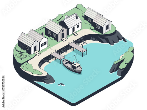 Coastal fishing village isometric, small white houses by harbor, pier and boats, blue water, seaside travel illustration vector