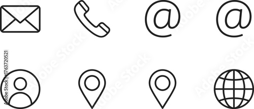 Black and white contact icons, email, phone, location, user profile, globe, communication symbol, interface, web, digital, vector set
