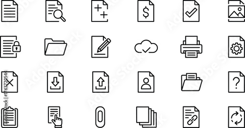 Black and white document icons, file management, folder, cloud, print, edit, secure, analytics, upload, download, vector symbol set
