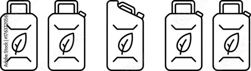 Black and white eco-friendly container icons, biodegradable packaging, leaf symbol, sustainable product, environmental design, vector, clean, green, set