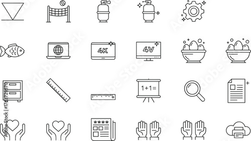 Black and white mixed icons, education, technology, lifestyle, cloud, gear, heart, chart, food, internet, vector symbol set