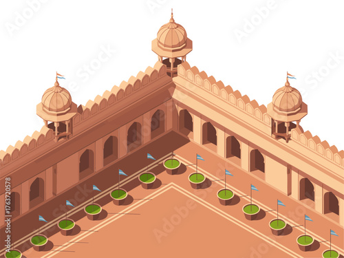 old fortress corner view, sandstone ramparts, domed pavilions, neat garden row, royal heritage architecture, isometric illustration, tourism design