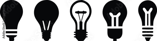 Electric Light Bulb Vector Silhouette Icons Set of Creative Idea, Power, and Energy Symbols in Monochrome Design