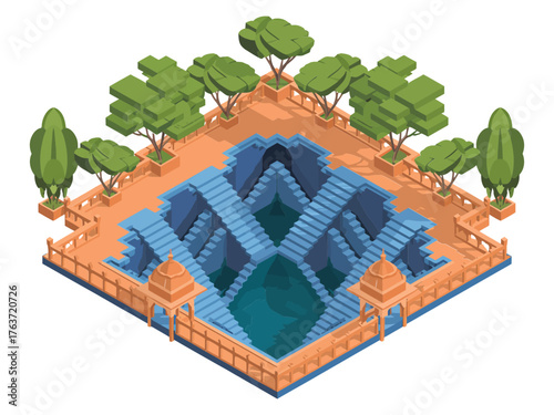 stone stepwell complex, terraced stairways, turquoise pool, guardrails, leafy trees, cultural water management, isometric architectural artwork, tourism theme