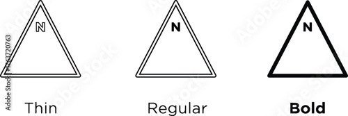 Black triangle icons with letter N, thin, regular, bold stroke, typography weight, branding symbol, vector, minimal, design set