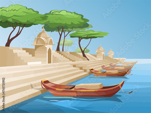 riverside ghat steps, calm waterway, moored wooden boats, temple pavilion, shady trees, serene landscape, isometric travel illustration