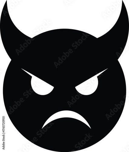 Devil face icon, angry horned emoji, black silhouette symbol, evil expression graphic, mischief emotion, vector design, digital UI element