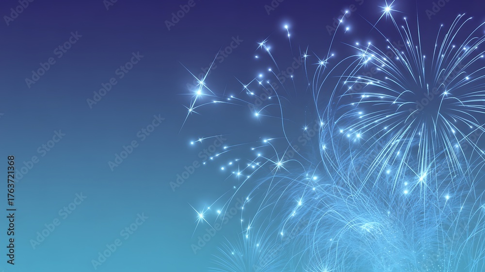 Obraz premium Abstract fireworks explosions blue gradient twinkling stars radiant light bursts