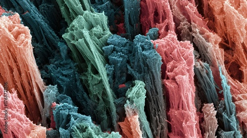Detailed micrograph reveals colorful arrangement of microscopic fibrous structures