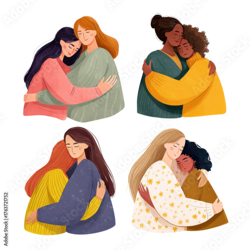 Diverse friends sharing warm hugs