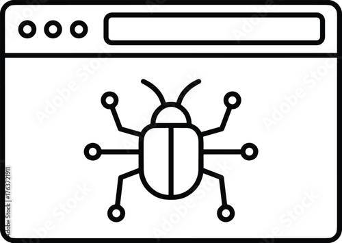 Software bug icon, browser window with insect symbol, debugging graphic, coding error alert, web development issue, vector interface illustration